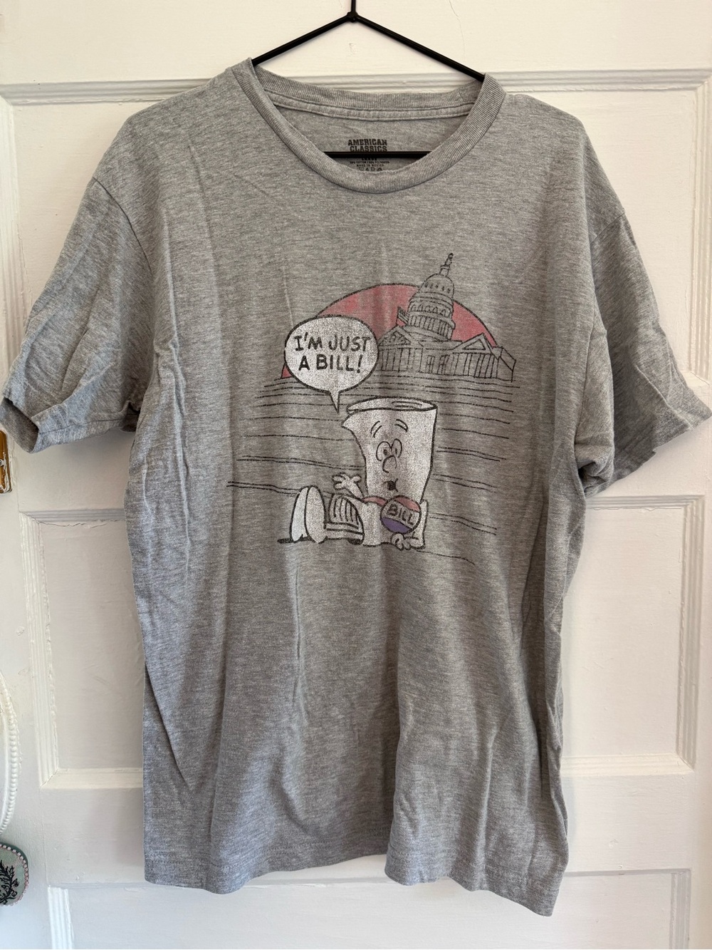 Vintage Gray Short Sleeve Tee with 'I'm Just a Bill' Graphic faded and soft